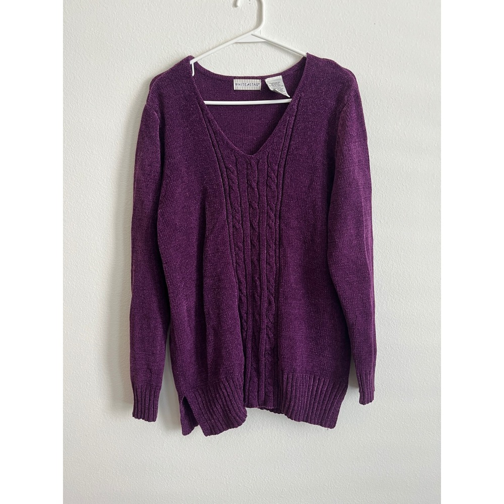 White Stag Purple Chenille Sweater Womens Large V-Neck Cable Knit Pullover Plush
